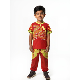 【Select School Performance Costume Red-Yellow Dragon Set】|Government Primary School|Short-sleeve stand-collar button-top|Dual-side yellow-black flame patterns|Tapered-leg pants|With waist sash and arm guards|School Performance Costume Supplier SU423 【Select School Performance Costume Red-Yellow Dragon Set】|Government Primary School|Short-sleeve stand-collar button-top|Dual-side yellow-black flame patterns|Tapered-leg pants|With waist sash and arm guards|School Performance Costume Supplier SU423